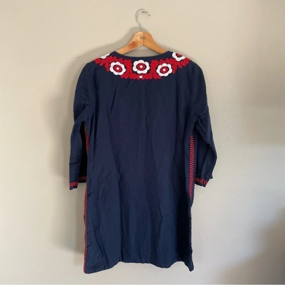 J Crew | Linen blend, embroidered‎ red and navy tunic dress